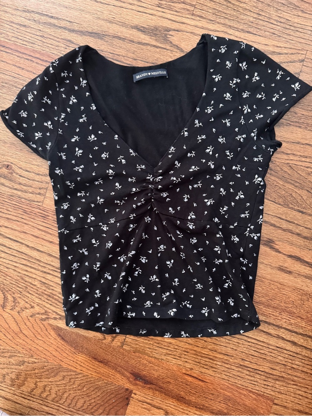 Brandy Melville Black Floral Ruched Crop Top